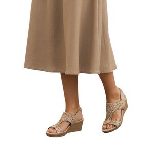 Shibever Wedge Sandals Womens Size 9 Beige Slingback Rhinestone Open Toe